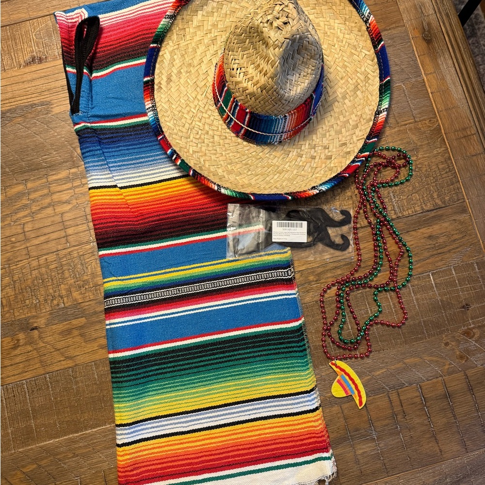 Colorful Striped Poncho and Straw Hat Set